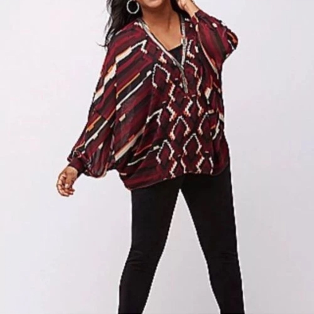 Lane Bryant Burgundy Semi-Sheer Blouse 18/20‎ Dolman Sleeve Beaded V-Neck Aztec